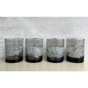 Four Libbey Vintage Hawaiian Smoked Gray Etched Rock Glasses for McDonald's